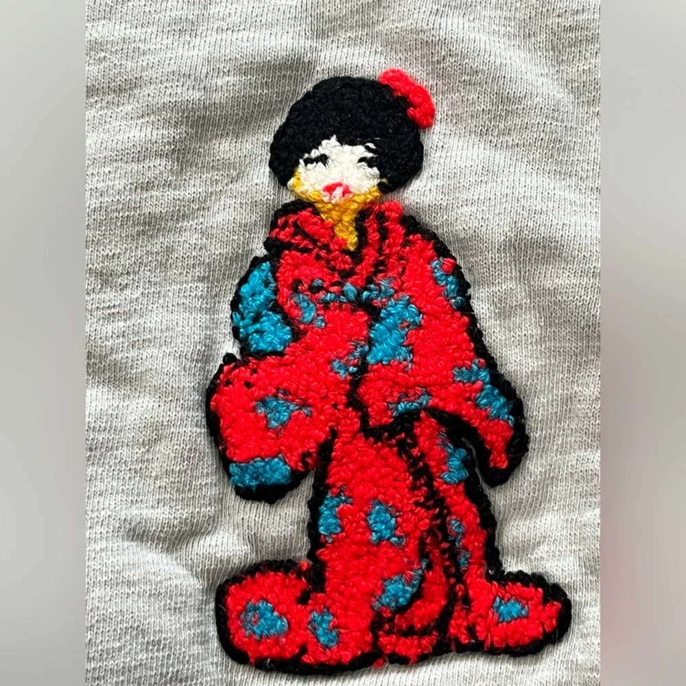 Light Gray Crewneck Sweater with Embroidered asian Portrait OOAK